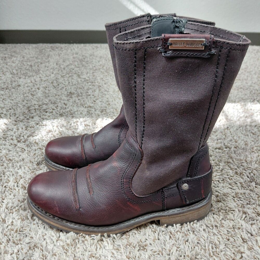 Harley Davidson Riding Boots Womens Sz 8 Brown Burgundy Leather Canvas Side Zip